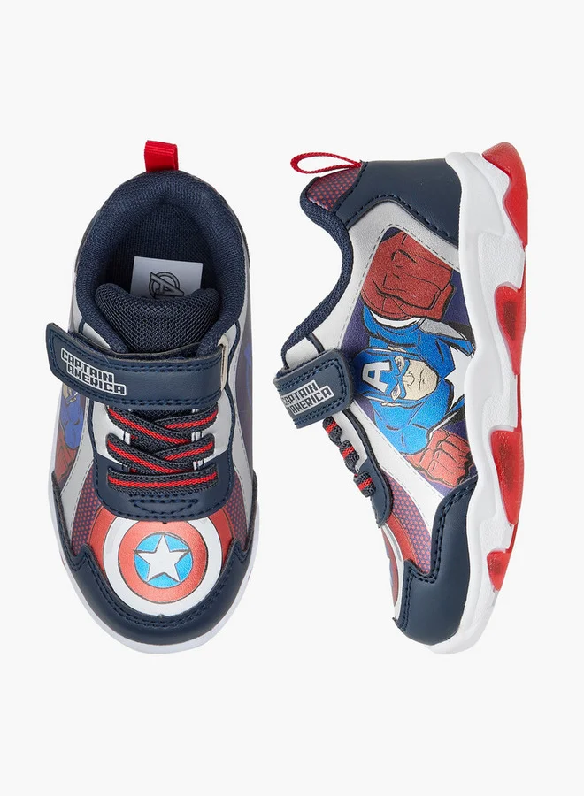 MARVEL Boys Captain America Print Light-Up Sneakers with Hook and Loop Closure