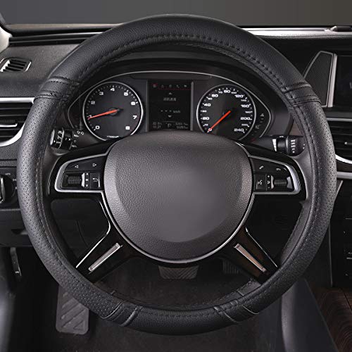 Car Pass Classical Leather Automotive Universal Steering Wheel Covers,Universal Fit for Suvs,Trucks,Sedans,Cars,Vans,14.5-15inch Anti-Slip Safety Comfortable Desgin(Black) - Image 3