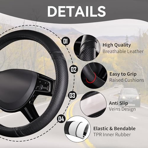 Car Pass Classical Leather Automotive Universal Steering Wheel Covers,Universal Fit for Suvs,Trucks,Sedans,Cars,Vans,14.5-15inch Anti-Slip Safety Comfortable Desgin(Black) - Image 5