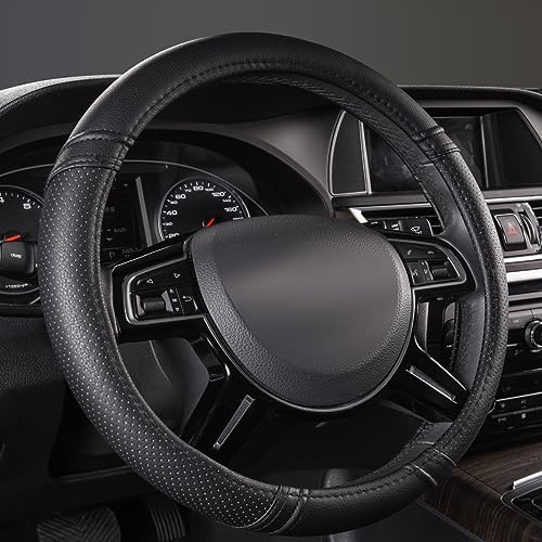 Car Pass Classical Leather Automotive Universal Steering Wheel Covers,Universal Fit for Suvs,Trucks,Sedans,Cars,Vans,14.5-15inch Anti-Slip Safety Comfortable Desgin(Black) - Image 1