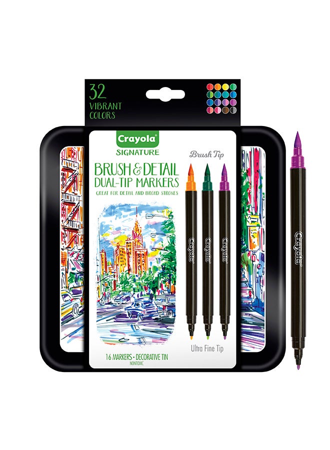 Crayola ماركرز مزدوجة الطرف بتوقيع الفرشاة والتفاصيل، 16 قطعة - Image 1
