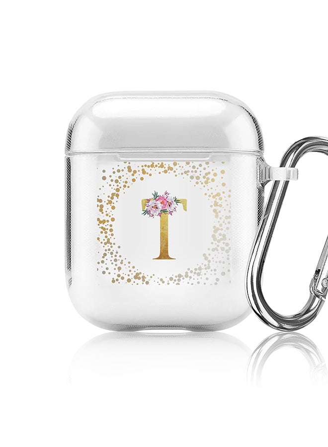Stylizedd Classic Clear printed Case for Apple Airpods 2 / 1 Soft TPU Gel Thin Transparent Flexible Cover - Custom Monogram Initial Letter Floral Pattern Alphabet - T (Clear ) - Image 1