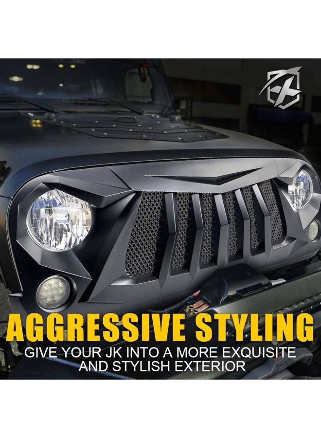 Xprite Matte Black Front Grill Grid Grille w/Mesh Compatible with Jeep Wrangler Rubicon Sahara Sport JK 2007-2018 - Image 2