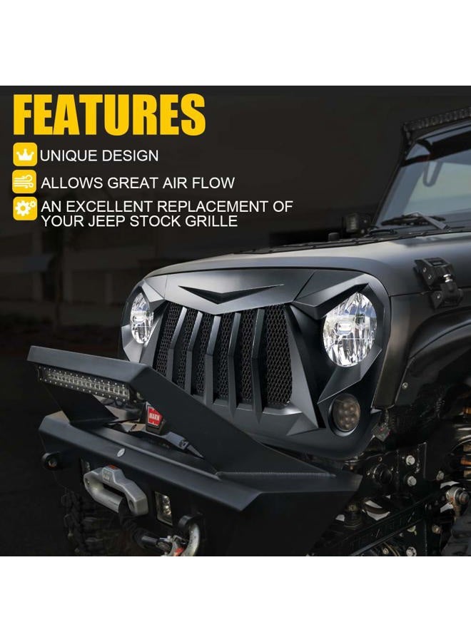 Xprite Matte Black Front Grill Grid Grille w/Mesh Compatible with Jeep Wrangler Rubicon Sahara Sport JK 2007-2018 - Image 4