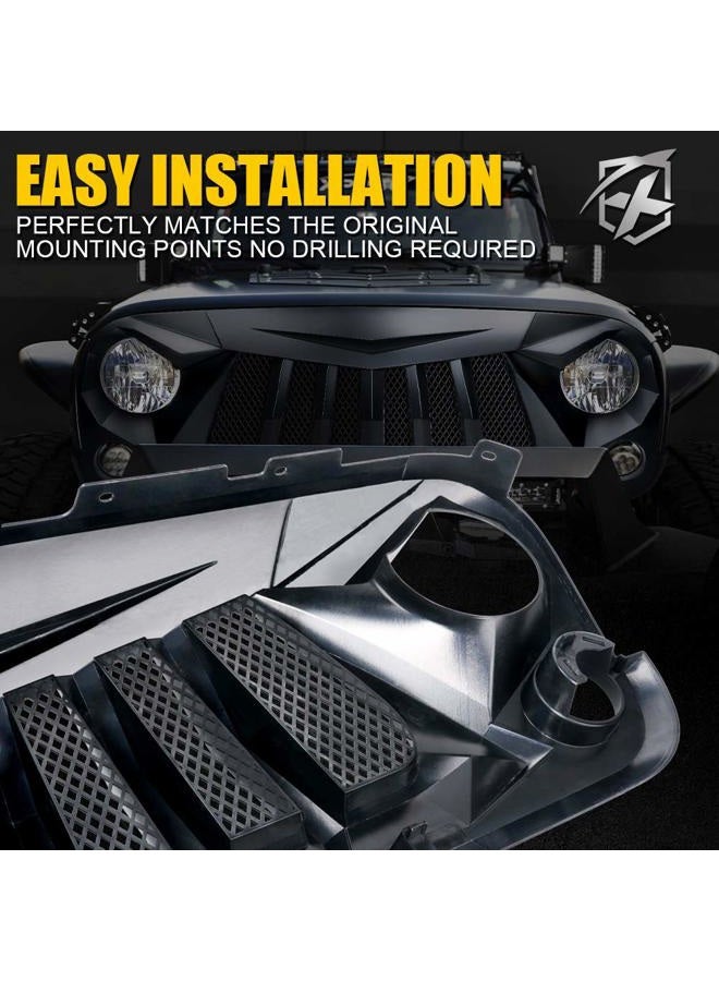 Xprite Matte Black Front Grill Grid Grille w/Mesh Compatible with Jeep Wrangler Rubicon Sahara Sport JK 2007-2018 - Image 5