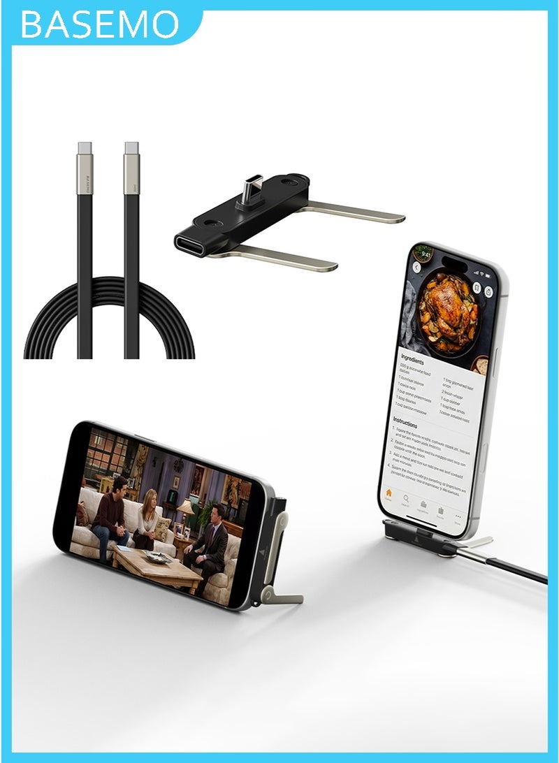 BASEMO 2-in-1 Folding Phone Stand with Type-C to Type-C 240W Fast Charging Cable. Multi-angle adjustable phone stand compatible with iPhone 15/16/17 series, Samsung S24/S23, Google Pixel 8/7, iPad Pro, and other USB-C devices (Black). - Image 1