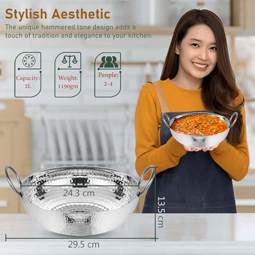 Parage 1 Pieces Stainless Steel Hammered Kadhai 2 LTR with Heavy Bottom for Kitchen/Utensils for Cooking, Deep Frying | Gas Stove Friendly Cookware (Silver) - Image 2