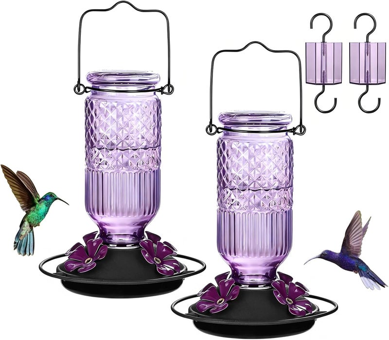 FEED GARDEN Glass Hummingbird Feeder for Outdoors Hanging, 16 OZ Humming Bird Feeders with 4 Bee Guard Feeding Ports&Built-in Ant Moat, Hummingbird Gifts for Mom Bird Feeder for Outside, Purple,2 Pack - Image 1