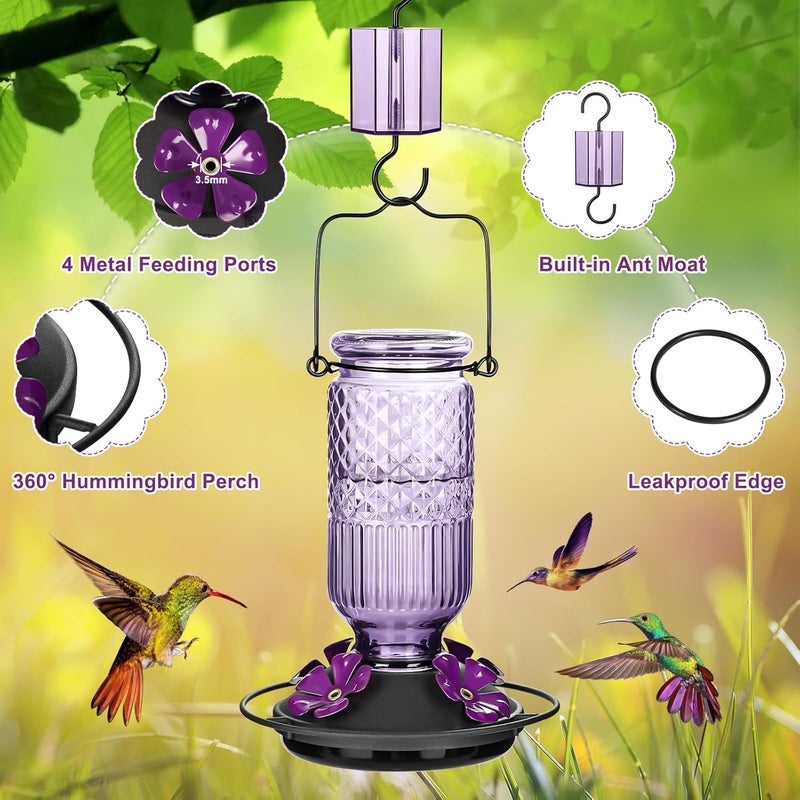 FEED GARDEN Glass Hummingbird Feeder for Outdoors Hanging, 16 OZ Humming Bird Feeders with 4 Bee Guard Feeding Ports&Built-in Ant Moat, Hummingbird Gifts for Mom Bird Feeder for Outside, Purple,2 Pack - Image 5