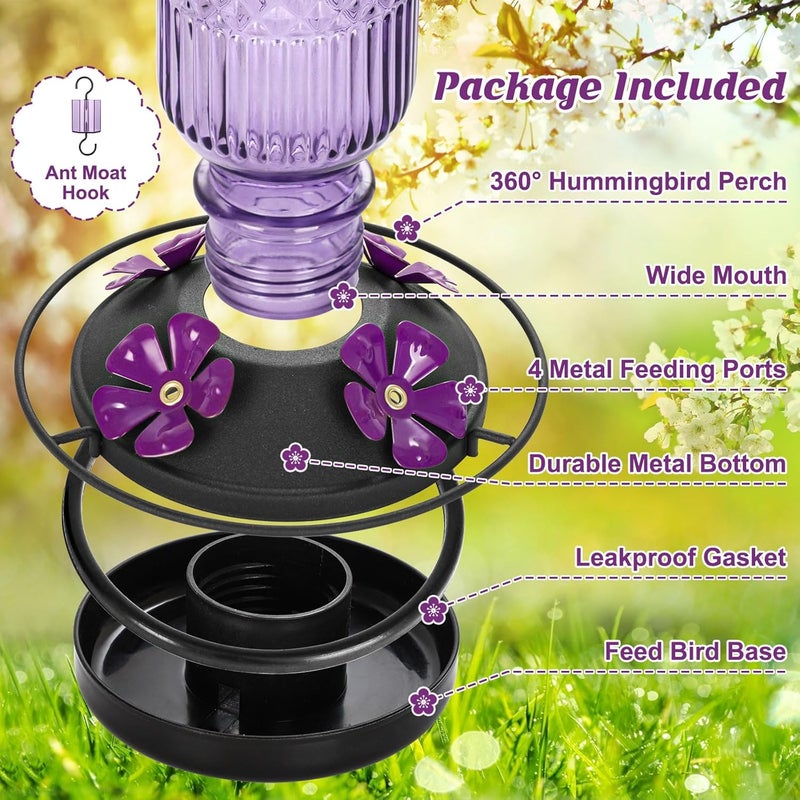 FEED GARDEN Glass Hummingbird Feeder for Outdoors Hanging, 16 OZ Humming Bird Feeders with 4 Bee Guard Feeding Ports&Built-in Ant Moat, Hummingbird Gifts for Mom Bird Feeder for Outside, Purple,2 Pack - Image 3