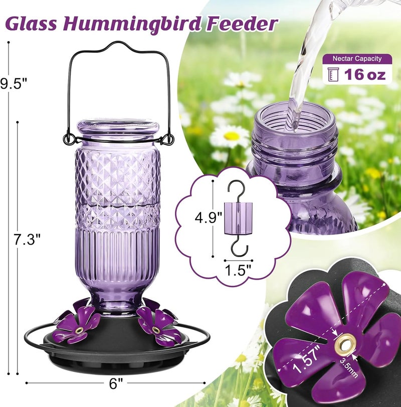 FEED GARDEN Glass Hummingbird Feeder for Outdoors Hanging, 16 OZ Humming Bird Feeders with 4 Bee Guard Feeding Ports&Built-in Ant Moat, Hummingbird Gifts for Mom Bird Feeder for Outside, Purple,2 Pack - Image 2