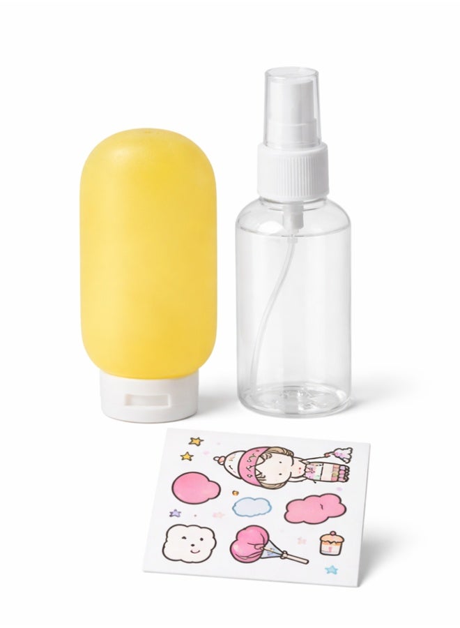 Crazy Boss 2pc Refillable Travel Bottle Set – Leak-Proof TSA Approved Silicone Squeeze & Spray Bottle – Portable Toiletry Kit with Decorative Stickers - Light Yellow - Image 1