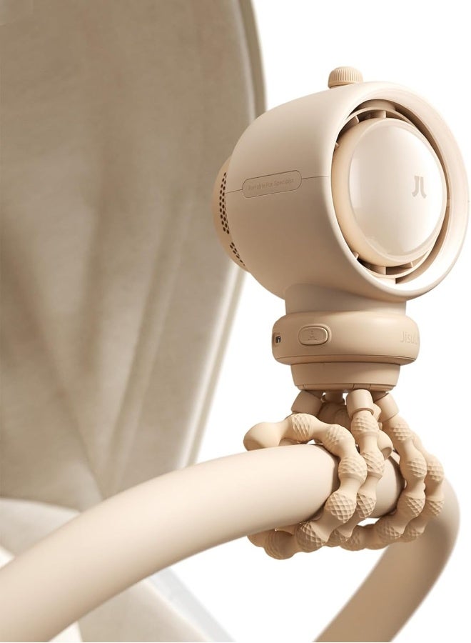 JISULIFE Stroller Fan Baby Large, Safe Bladeless for Crib, Desk, Portable Battery Rechargeable Cooling Fan with Air Turbo Tech, Night Light, Food-Grade Gift for Mom/Dad/Friend - Brown - Image 1