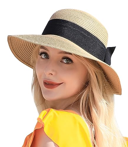 Pleneal Beach Sun Hats for Women, Straw Hat for Women UPF 50+ UV Sun Protection Summer Hat Foldable Roll up Cap A-Khaki - Image 1