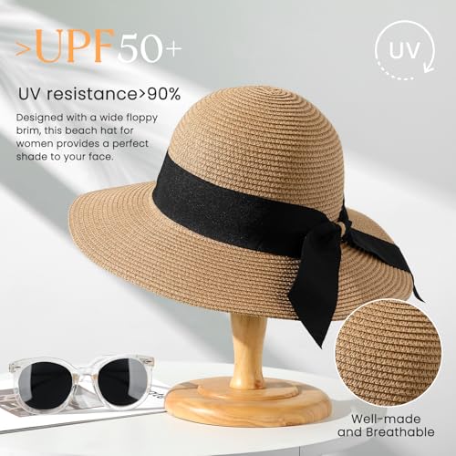 Pleneal Beach Sun Hats for Women, Straw Hat for Women UPF 50+ UV Sun Protection Summer Hat Foldable Roll up Cap A-Khaki - Image 2