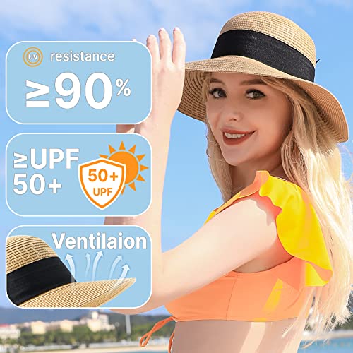 Pleneal Beach Sun Hats for Women, Straw Hat for Women UPF 50+ UV Sun Protection Summer Hat Foldable Roll up Cap A-Khaki - Image 3