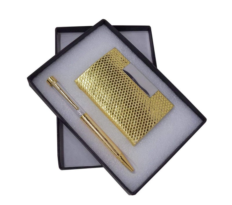 Lavanaya Silver Card Holder with Pen, Office Set Corporate Gift Set Personalized Pen, Card Holder with Pen Gift Set for Husband, 60 Gram, Pack of 1 (Golden) - Image 1