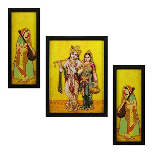Indianara 3 PC Set of Radha Krishna Paintings (1059) Without Glass 5.2 X 12.5, 9.5 X 12.5, 5.2 X 12.5 inch - Image 1