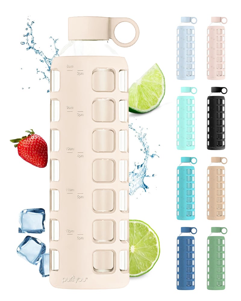 purifyou 40322212 oz Borosilicate Glass Water Bottles with Volume Markers Silicone Sleeve Stainless Steel Lid Reusable Bottle for Water Juice Gym and Fridge Storage 32oz Pearled Ivory