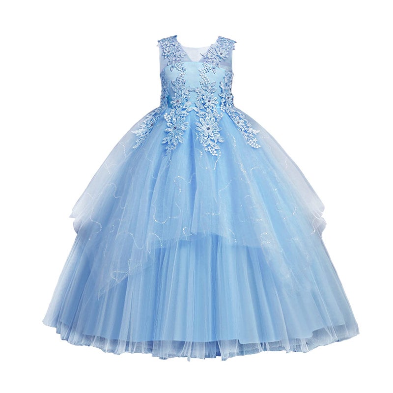 LOLANTA Vintage Flower Girl Dress Kids Tulle Princess Long Dress Father Daughter Dance Dress Formal Lace Embroidery (11-12 Blue) - Image 1