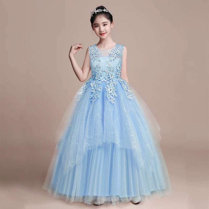 LOLANTA Vintage Flower Girl Dress Kids Tulle Princess Long Dress Father Daughter Dance Dress Formal Lace Embroidery (11-12 Blue) - Image 2