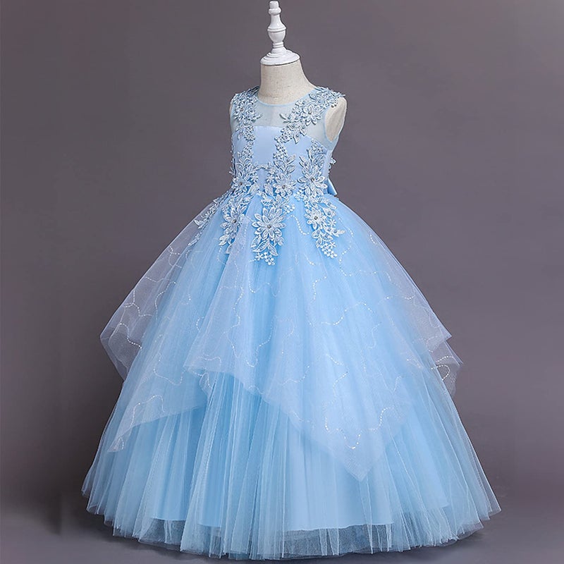LOLANTA Vintage Flower Girl Dress Kids Tulle Princess Long Dress Father Daughter Dance Dress Formal Lace Embroidery (11-12 Blue) - Image 3