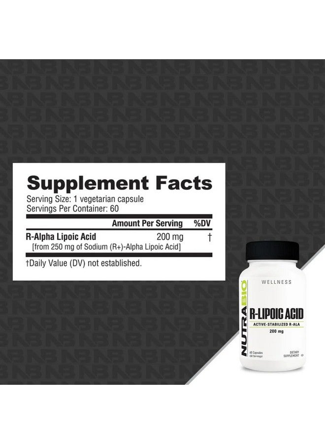 NutraBio مكمل حمض R-ليبوئيك من نوترا بايو، 200 ملغ - مكمل R-ALA النشط المستقر - صيغة حمض ألفا ليبويك المحسّنة لامتصاص أفضل لدعم الصحة والعافية - 60 كبسولة - Image 2
