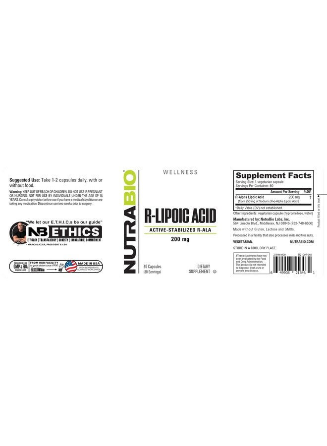 NutraBio مكمل حمض R-ليبوئيك من نوترا بايو، 200 ملغ - مكمل R-ALA النشط المستقر - صيغة حمض ألفا ليبويك المحسّنة لامتصاص أفضل لدعم الصحة والعافية - 60 كبسولة - Image 3