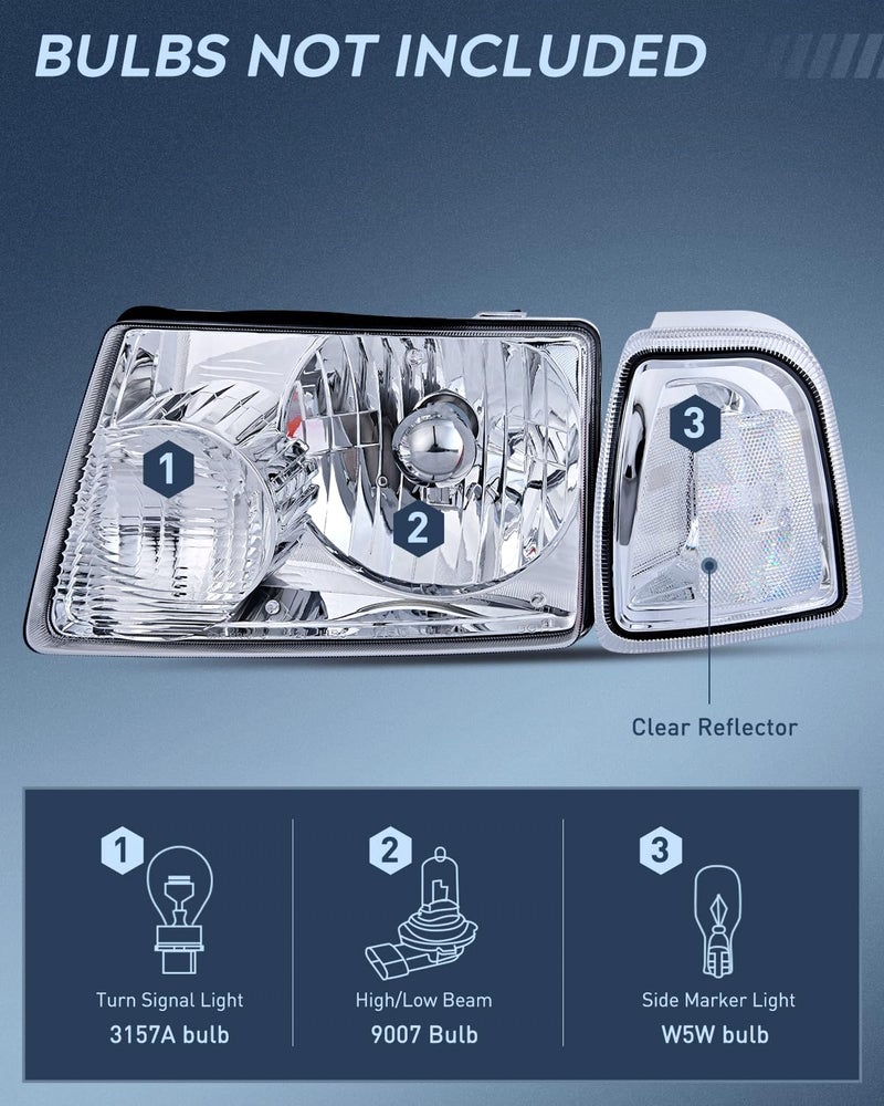 Nilight Headlight Assembly for 2001 2002 2003 2004 2005 2006 2007 2008 2009 2010 2011 Ford Ranger Replacement Headlamp Chrome Housing Clear Reflector - Image 2