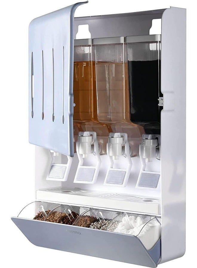 JCB CHIC منظم رف توابل مثبت على الحائط، موزع تخزين توابل المطبخ مع 4 زجاجات سائلة و4 حاملات توابل، مثالي للتوابل والزيت والخل والسوائل الأخرى - Image 1