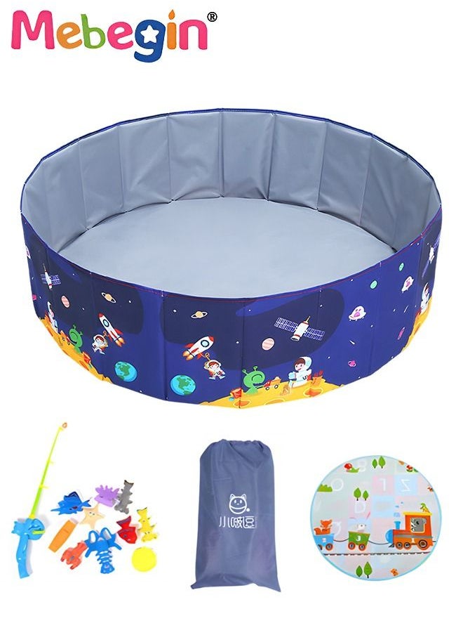 MEBEGIN - Kids Round Ball Pit, Foldable Pool Set with 11 Pieces Fishing Toy, Creeping Mat and 1 Storage Bag, Portable Pet Pool with Space-themed Patterns, Easy to Storage and Carry, Space for Kids and Pets to Play, 100*35cm - Image 1