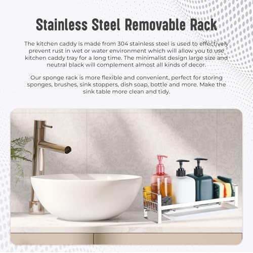 Xacton Large Stainless Steel Sink Cleaning Supplies Caddy Organizer With Removable Tray,30X9.5X9.5 CM,Kitchen Sponge Holder,Countertop Or Adhesive Wall Mounting Organiser For Bath Accessories,Silver - Image 4