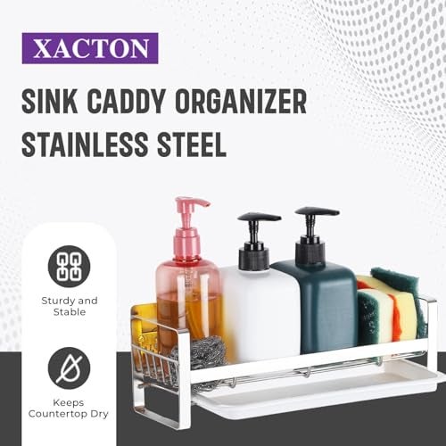 Xacton Large Stainless Steel Sink Cleaning Supplies Caddy Organizer With Removable Tray,30X9.5X9.5 CM,Kitchen Sponge Holder,Countertop Or Adhesive Wall Mounting Organiser For Bath Accessories,Silver - Image 3