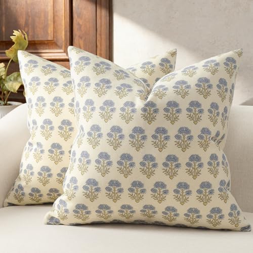 DKwizme Farmhouse Floral Pillow Covers 20x20 Set of 2, Country Botanical Throw Pillow Cover for Sofa Couch Bed Living Room, Rustic Vintage Flower Cushion Covers Cottage Home Decor,Blue Mustard - Image 1