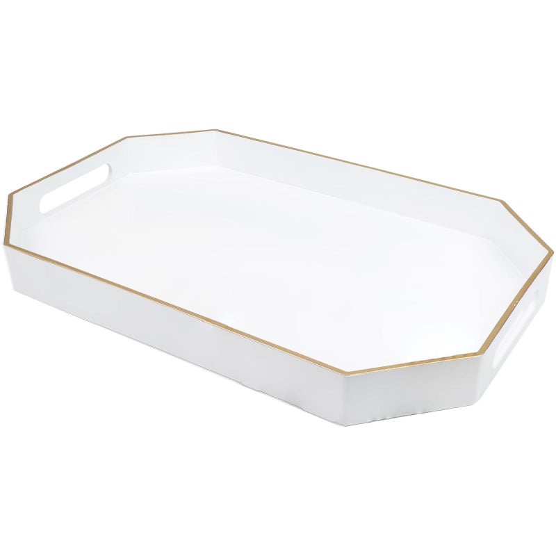 Omuriko White Decorative Tray with Handles, Octagon Versatile Serving Tray for Coffee Table, Ottoman, Ideal for Serving, Displaying, Organizing - Image 1