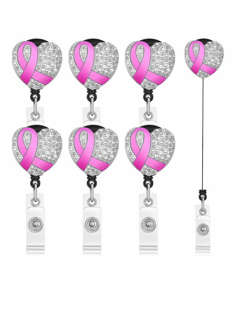 Y&D Retractable Badge Holder,6 Pcs Breast Cancer Awareness with Rhinestone Pink Ribbon Clip-on ID Card Holder  - Image 1