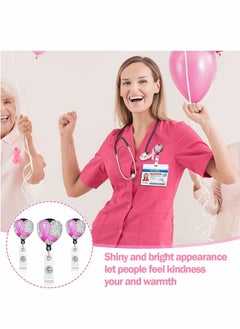 Y&D Retractable Badge Holder,6 Pcs Breast Cancer Awareness with Rhinestone Pink Ribbon Clip-on ID Card Holder  - Image 3