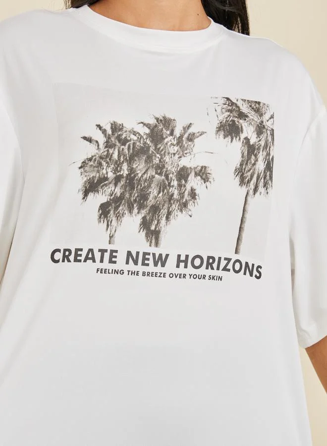 تايك تو Oversized Front Graphic Print Longline T-Shirt