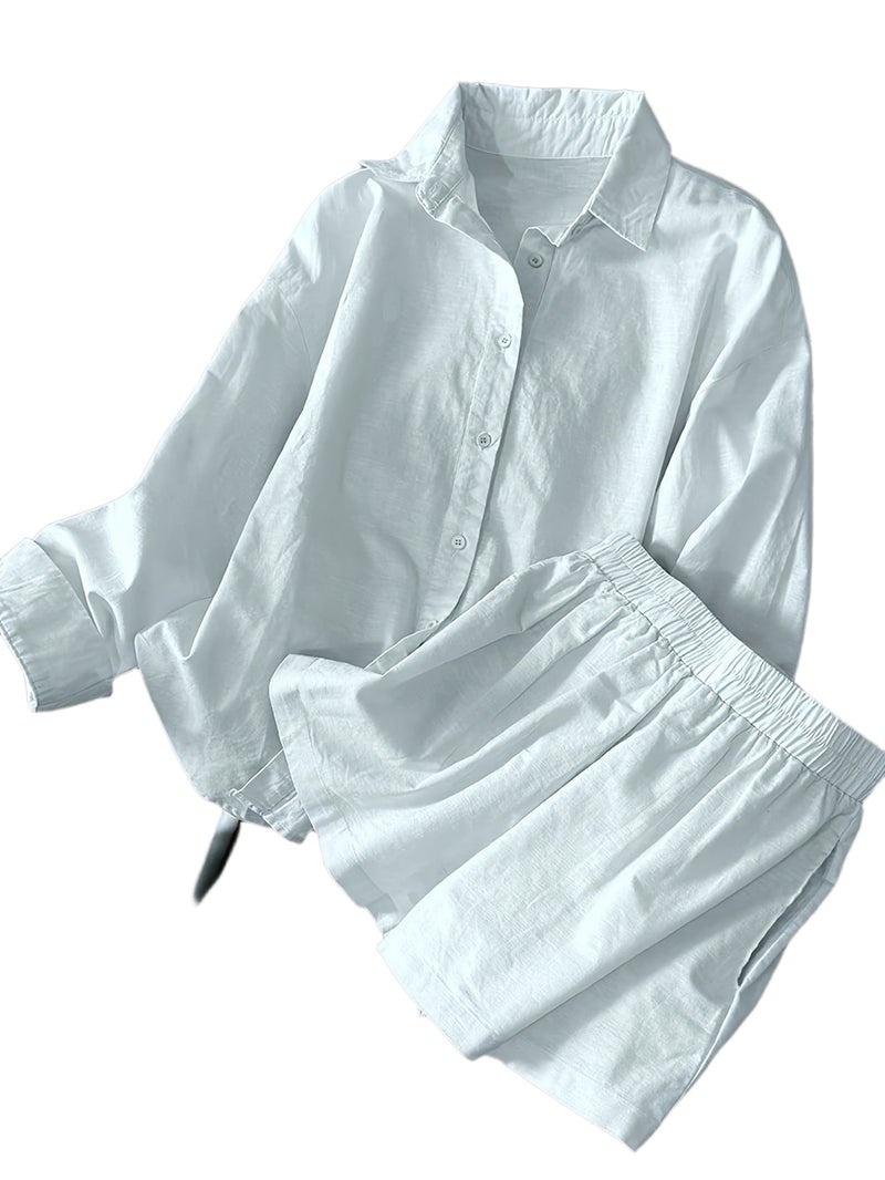 2pcs Women's Casual Simple and Stylish Loose Long-Sleeve Top and Shorts Set - Image 1