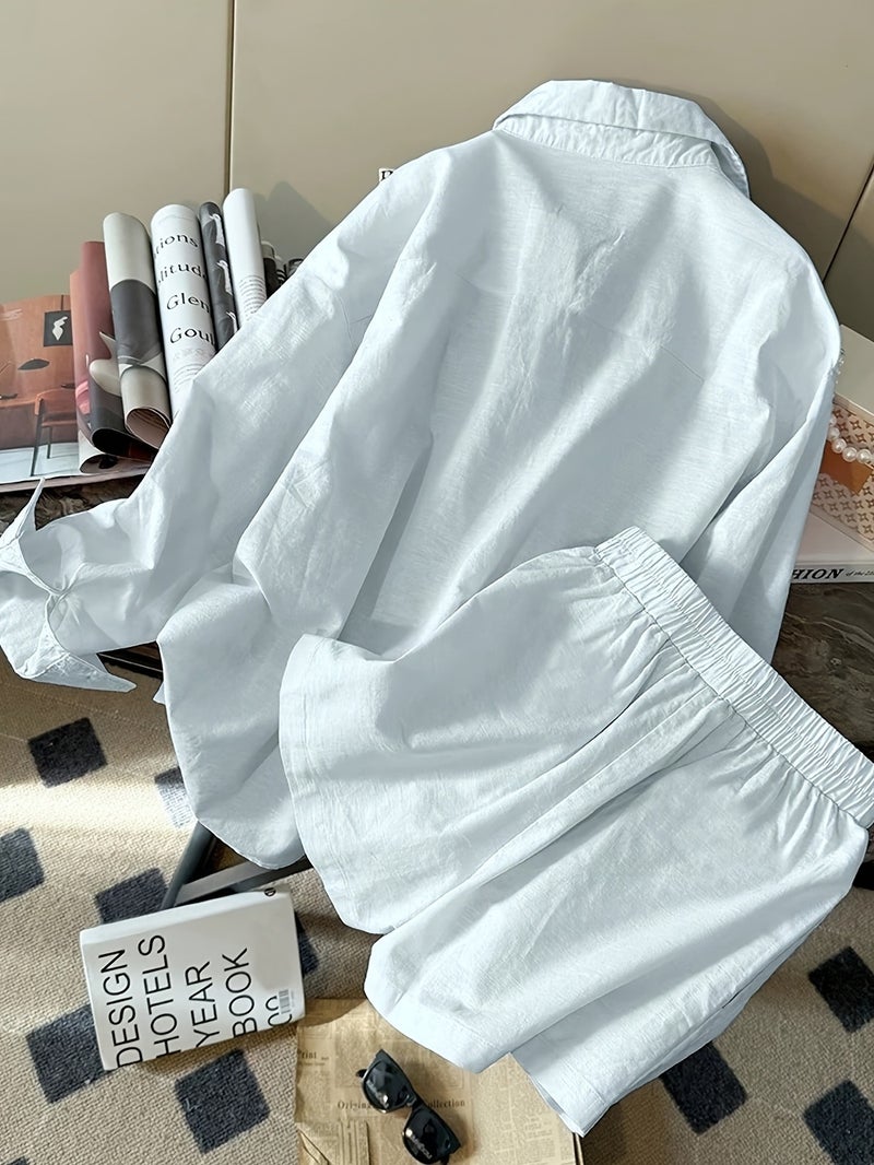 2pcs Women's Casual Simple and Stylish Loose Long-Sleeve Top and Shorts Set - Image 2