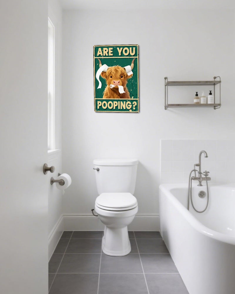 Miggley Vintage Highland Cow Wall Art - Funny Bathroom Decor Poster, "Are You Pooping" 8x12 Inch Metal Wall Sign for Western & Highland Cow Lovers - Image 2