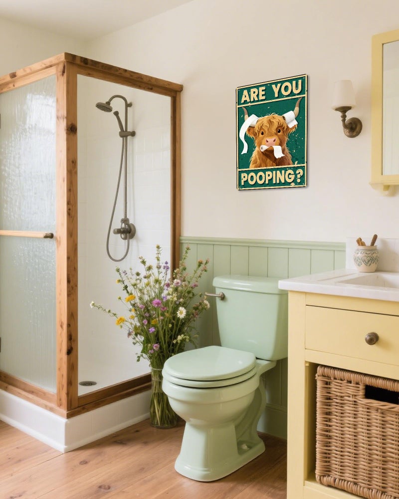 Miggley Vintage Highland Cow Wall Art - Funny Bathroom Decor Poster, "Are You Pooping" 8x12 Inch Metal Wall Sign for Western & Highland Cow Lovers - Image 4