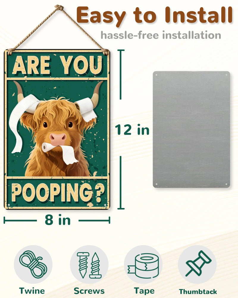 Miggley Vintage Highland Cow Wall Art - Funny Bathroom Decor Poster, "Are You Pooping" 8x12 Inch Metal Wall Sign for Western & Highland Cow Lovers - Image 3