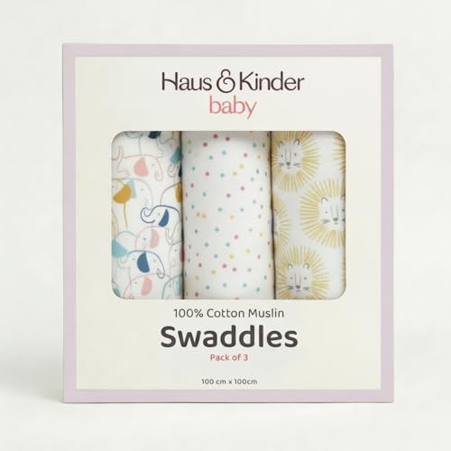 haus & kinder 100% Cotton Muslin Swaddle Wrap for New Born Baby | Pack of 3 (100×100 cm) | Baby Blanket & Swaddles for Newborn |Jungle Collection - Image 2