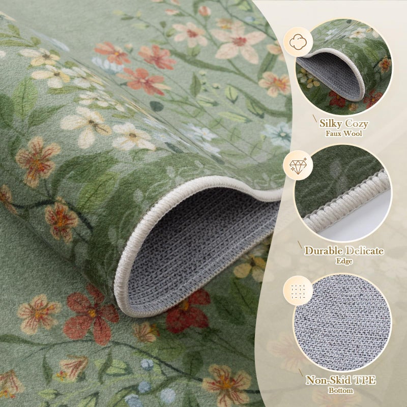 Wonnitar Washable 5x7 Area Rugs, Green Floral Rugs for Bedroom, Non-Shedding Living Room Throw Rug, Botanical Dining Room Floor Carpet for Bedside Kids Girls Bedroom (Green,5'x7') - Image 3