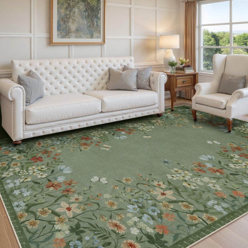 Wonnitar Washable 5x7 Area Rugs, Green Floral Rugs for Bedroom, Non-Shedding Living Room Throw Rug, Botanical Dining Room Floor Carpet for Bedside Kids Girls Bedroom (Green,5'x7') - Image 5