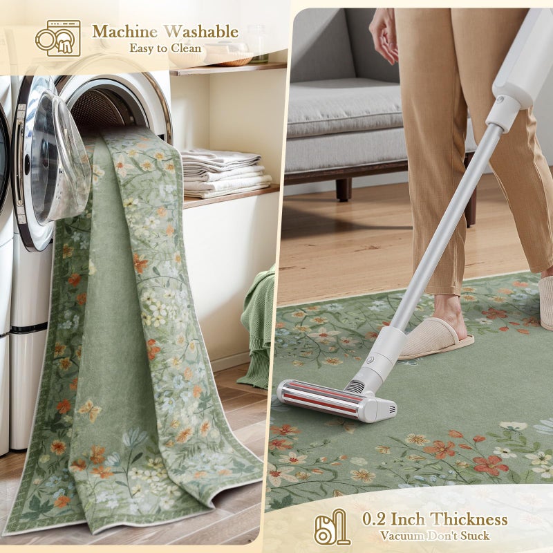 Wonnitar Washable 5x7 Area Rugs, Green Floral Rugs for Bedroom, Non-Shedding Living Room Throw Rug, Botanical Dining Room Floor Carpet for Bedside Kids Girls Bedroom (Green,5'x7') - Image 4