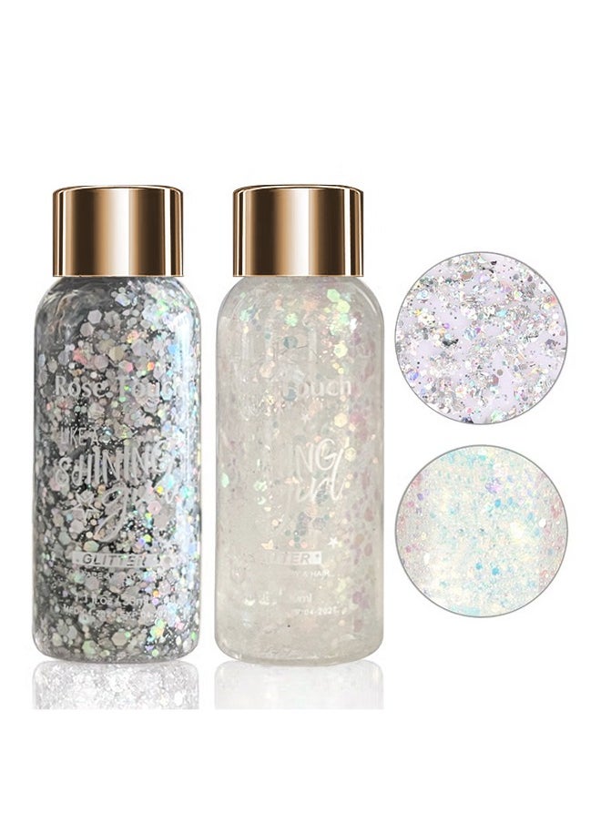 Julystar Body Glitter Gel, 2 Pcs Glitter Sequins Chunky Glitter Liquid Eyeshadow Long Lasting Glitter Shimmer Chunky Sequins Glitters for Hair Makeup Festival Party Carnival  - Image 1