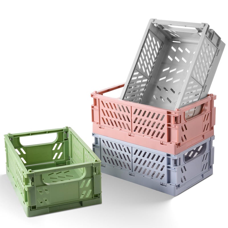 HUUSMOT 4-Pack Small Pastel Plastic Storage Baskets, Collapsible Crates for Organizing, Space-Saving Mini Bins for Classroom, Kitchen, Office, Bedroom (9.8" x 6.5" x 3.8") - Image 1
