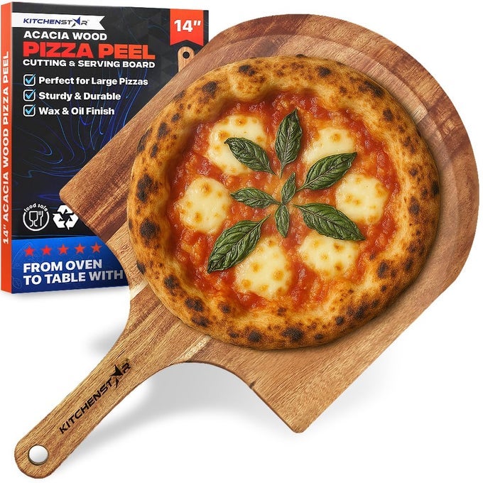 KITCHENSTAR 14INCH ACACIA WOOD PIZZA PEEL LARGE WOODEN CUTTING SERVING BOARD WITH HANDLE NATURAL OIL FINISH IDEAL PIZZA OVEN ACCESSORY FOR EASY SLIDING PREP